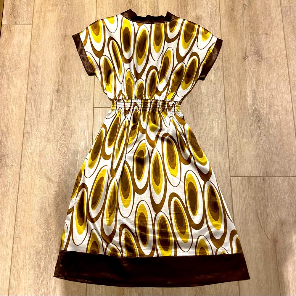 RW&CO Brown Peacock Pattern Satin Dress, Small - Picture 2 of 9